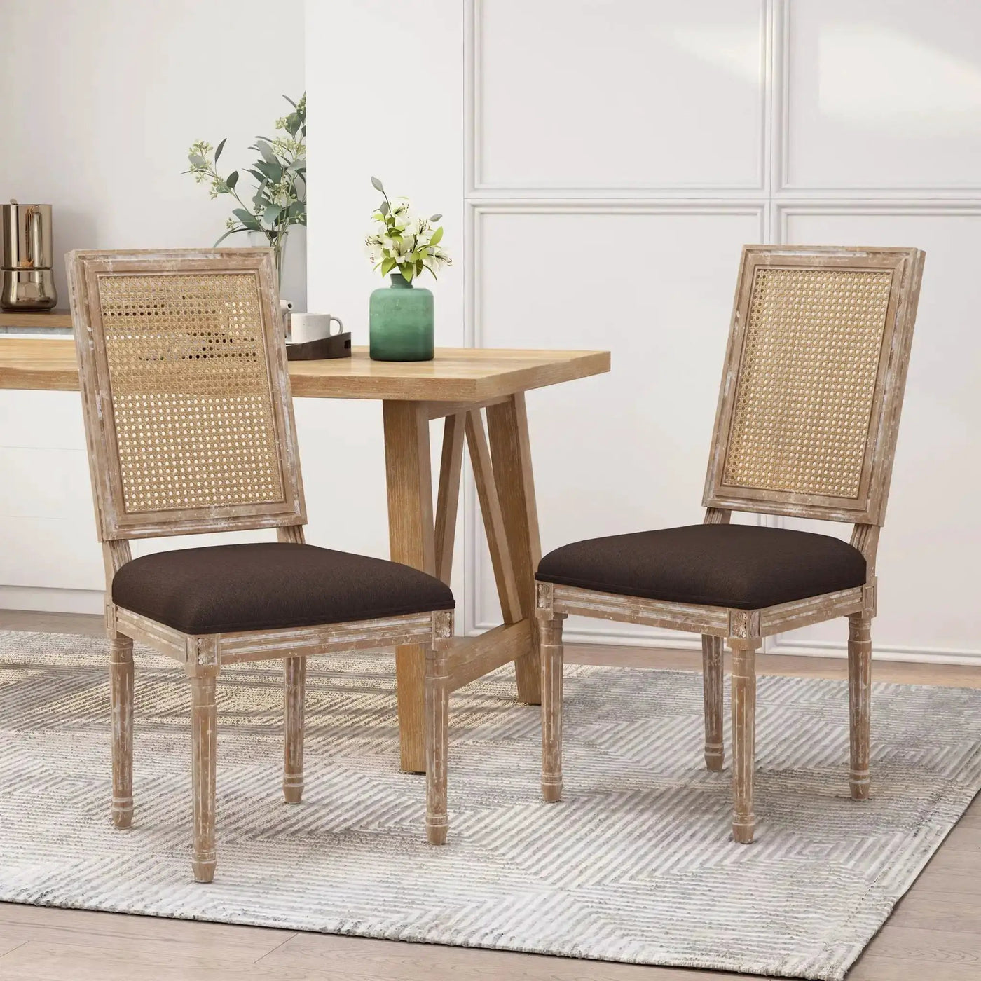 French Country Dining Chair With Rectangular Cane Backrest And Smooth Upholstered Seating by HouseOfZazla