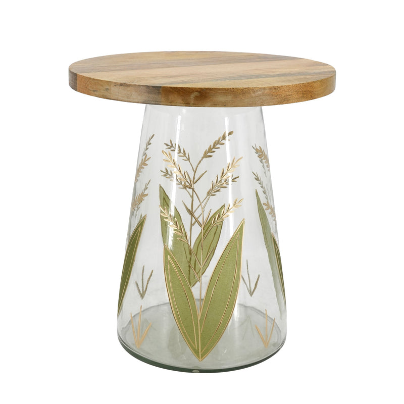 Round Glass Side Table with Hand-Painted Glass Base and Wood Top, photo 2 of 9