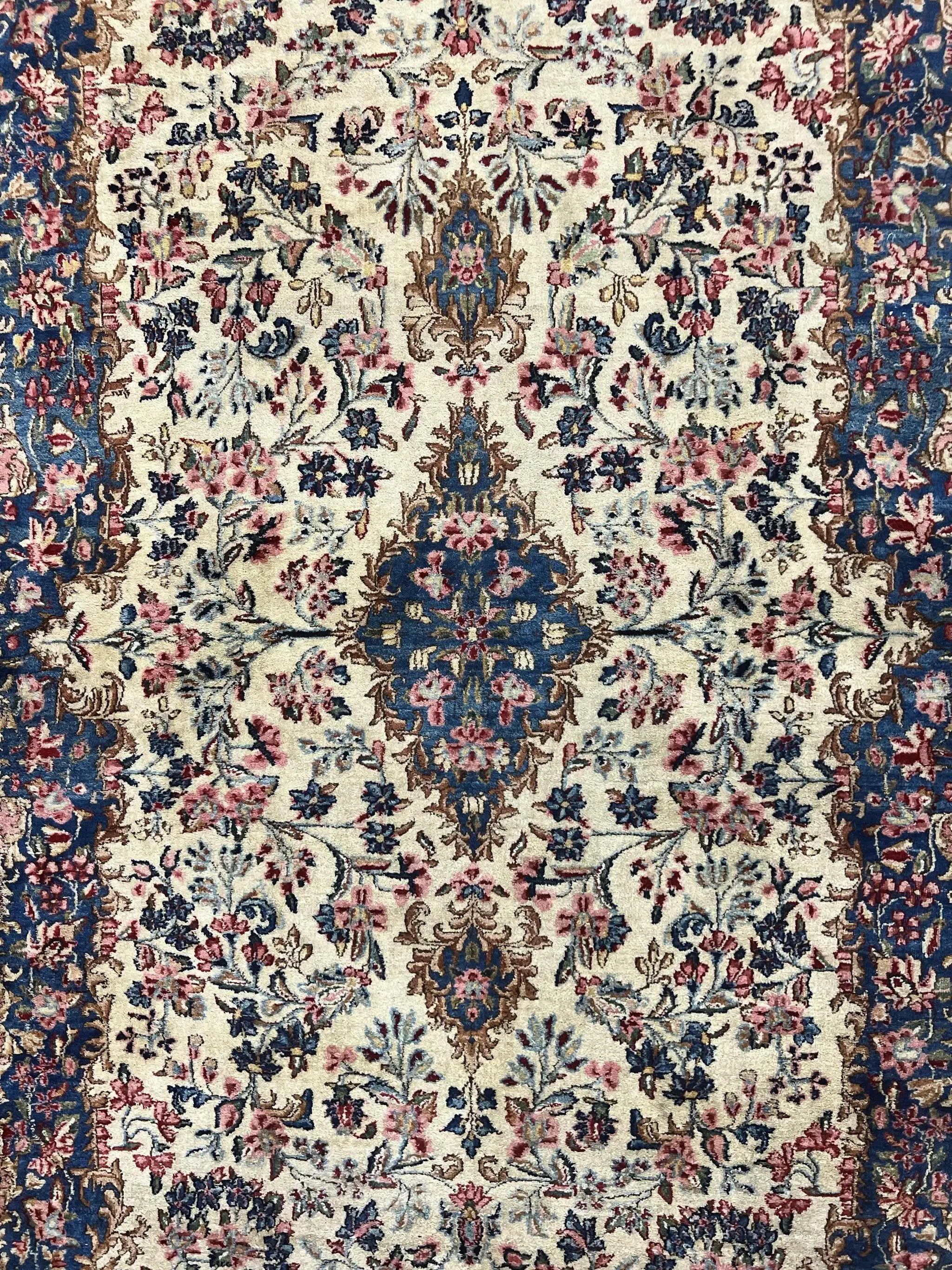 Antique Persian Kirman Rug 4x7, Cream and Navy Blue, Hand Knotted Wool Floral Carpet by Jewel Rugs