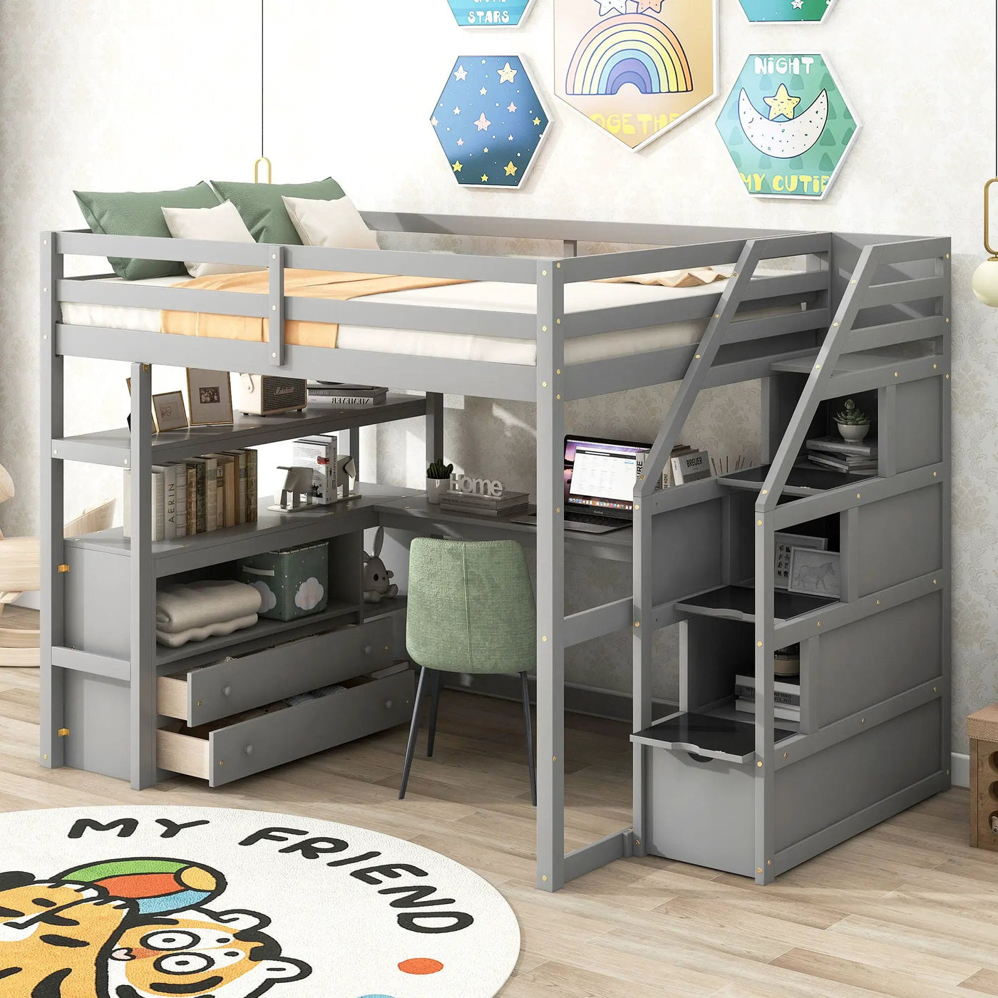 Loft Bed With Desk, Shelves, 2 Drawers, Storage Staircase by Unique Piece Furniture