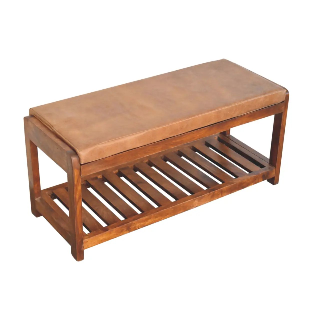 Solid Wood Small Buffalo Slatted Bench, Leather Upholstered, Open Storage by HouseOfZazla