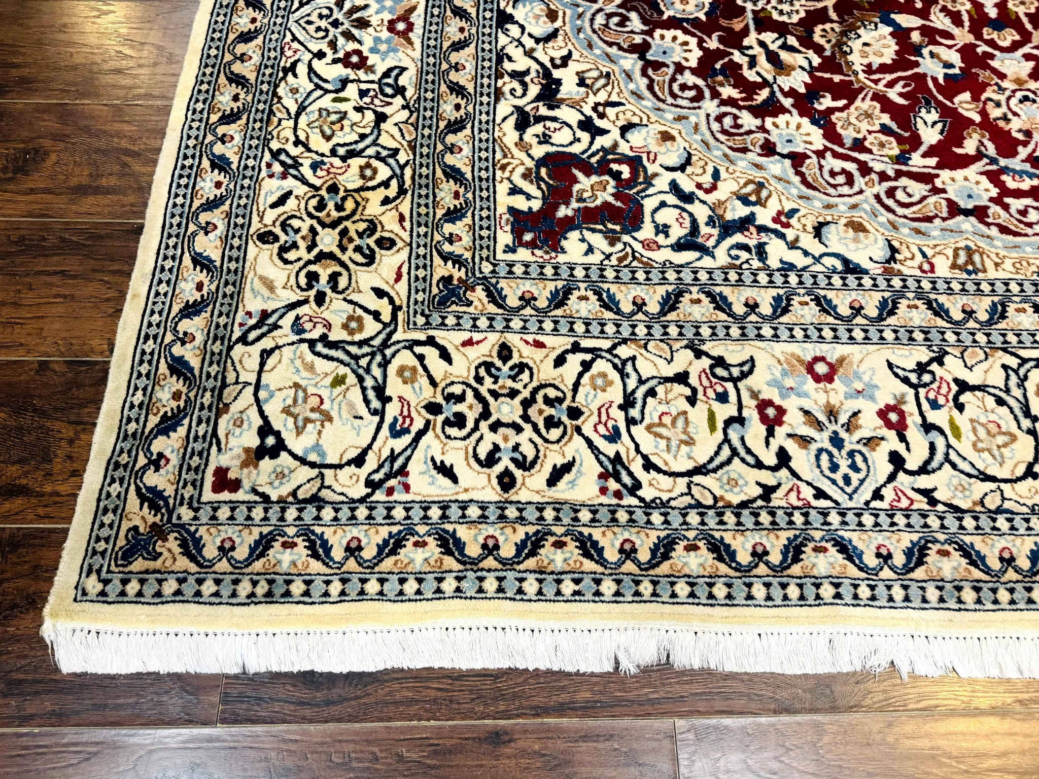 Persian Nain Rug 8x11, Wool and Silk Highlights, Burgundy & Ivory by Jewel Rugs