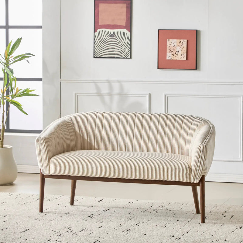 Corduroy Recessed Arm Loveseat (Beige + Walnut) by HouseOfZazla