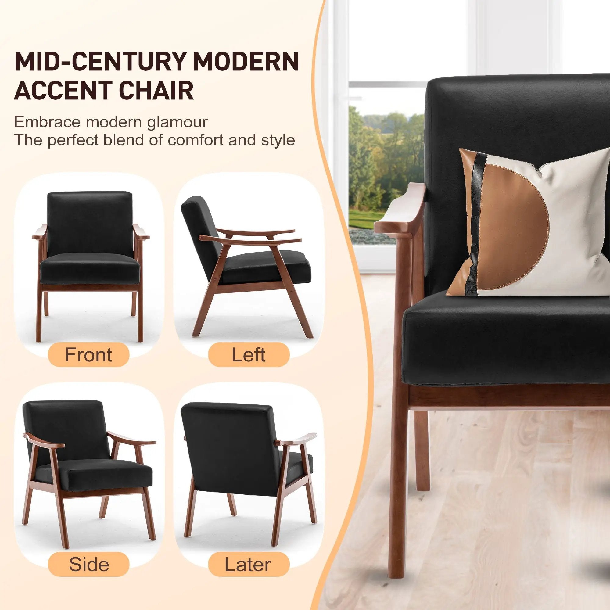 Mid Century Modern Accent Chair With Solid Wood Frame And Extra Thick Backrest by HouseOfZazla