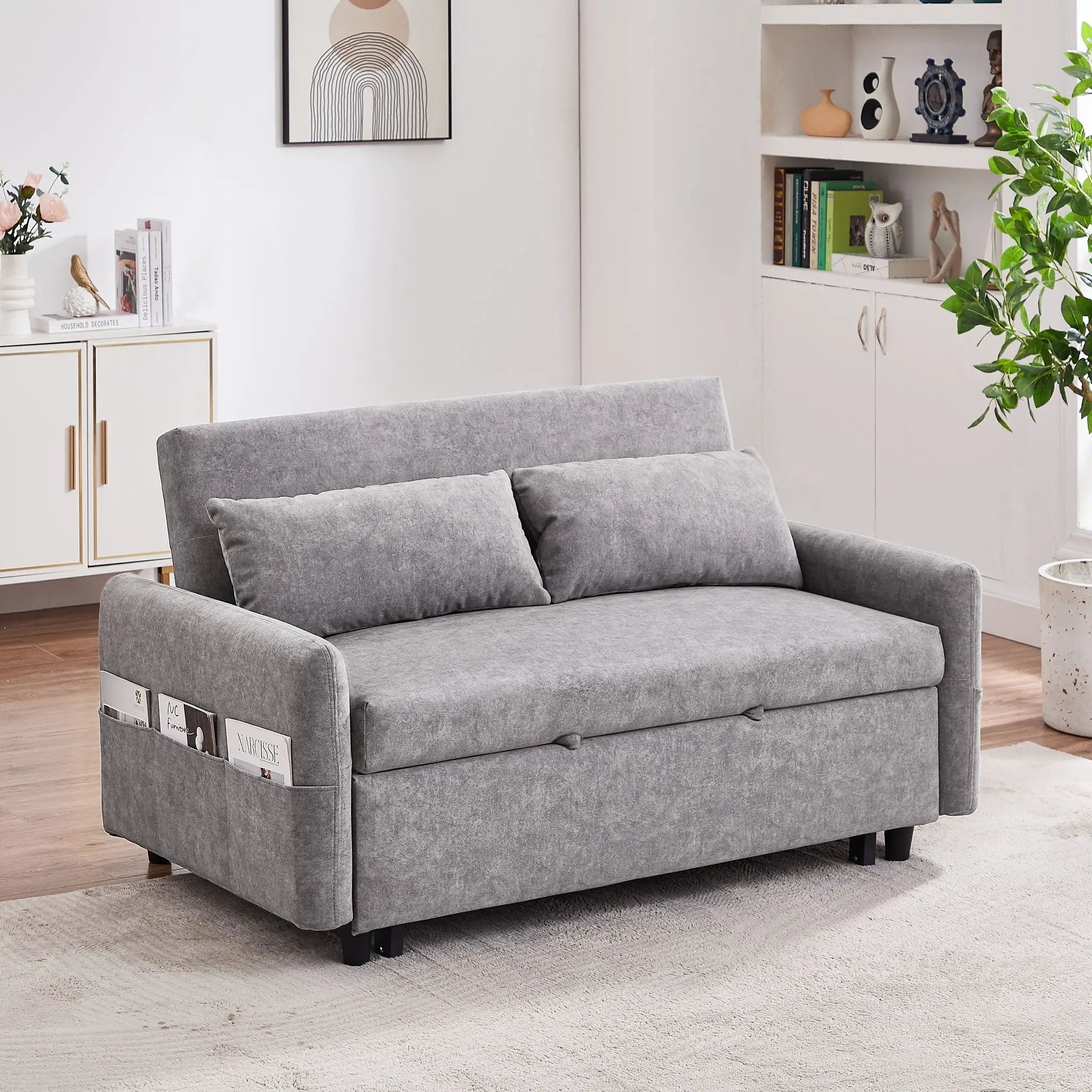 Pull Out Sleep Sofa Bed Loveseats Sofa Couch With Adjsutable Backrest, Storage Pockets, 2 Soft Pillows, USB Ports For Living Room, Bedroom, Apartment, Office by Unique Piece Furniture