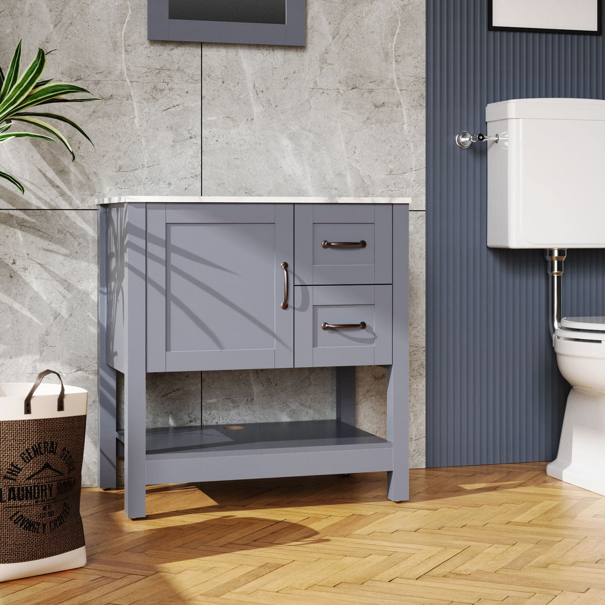 Gray Bathroom Vanity With Mirror and Marble-Pattern Top, photo 2 of 4