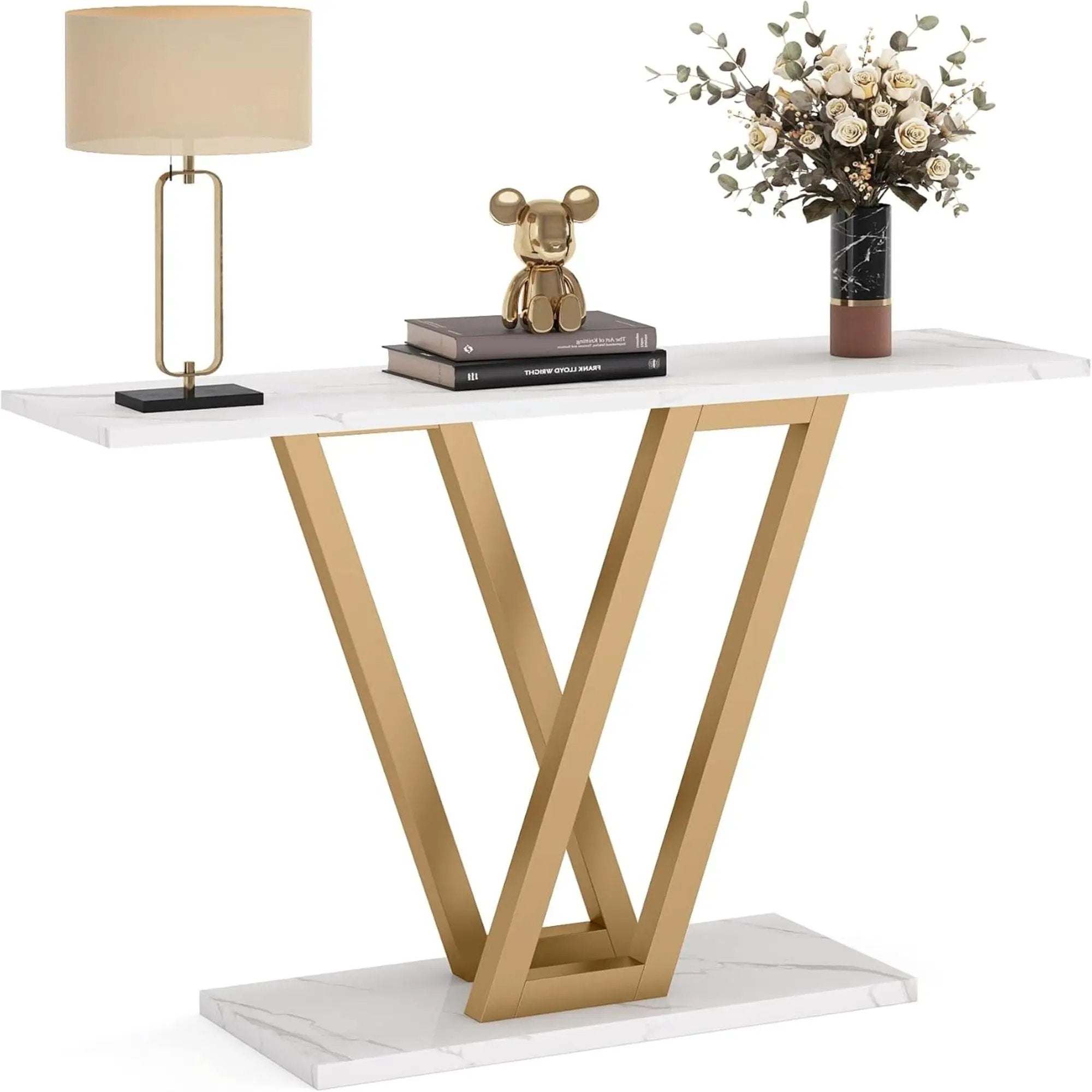 Console Table With Top With V Leg Frame For Hallway, Living Room - White / Gold by HouseOfZazla