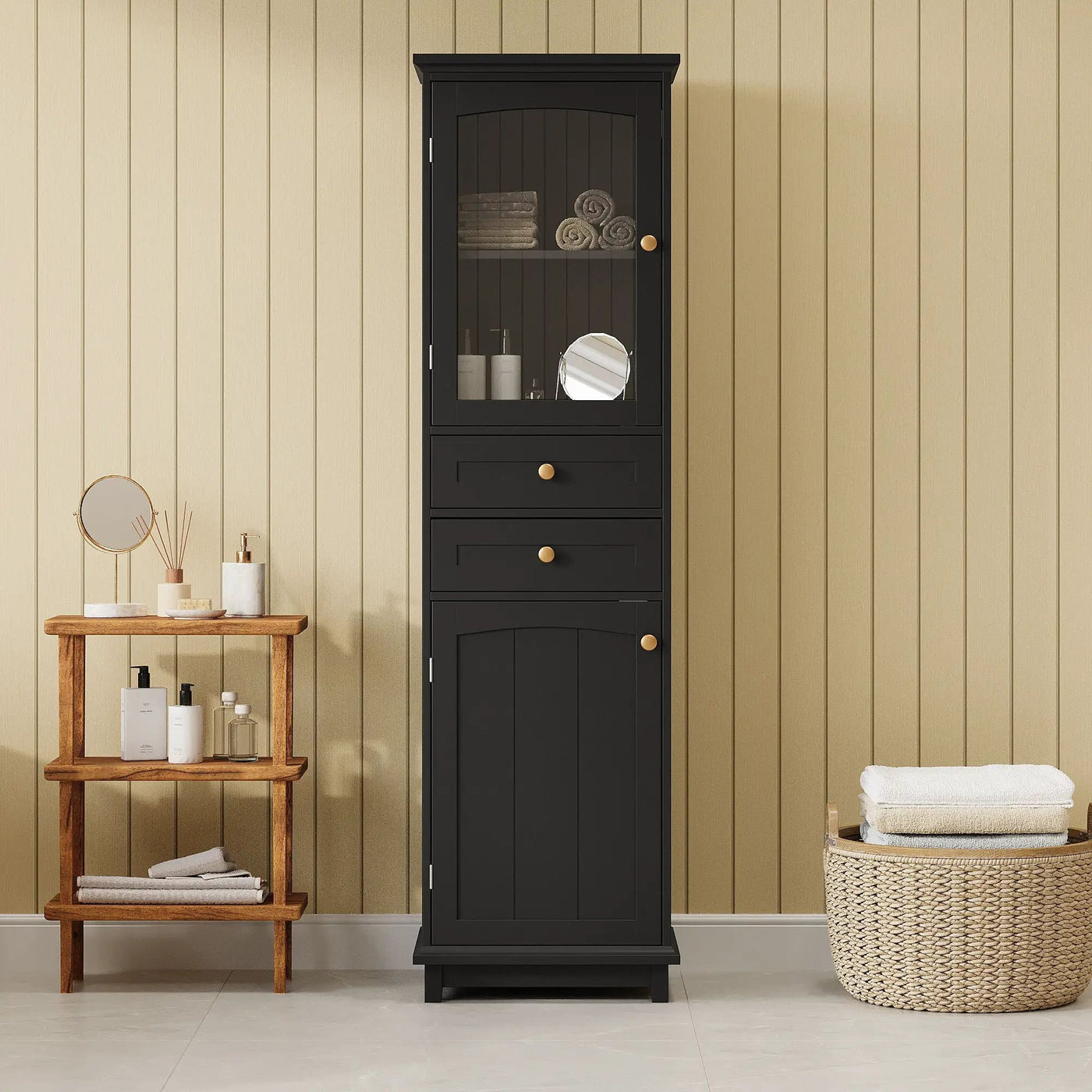 Tall Bathroom Storage Cabinet With Glass Doors, Free-Standing, Two Drawers, And Adjustable Shelves, Board, Painted Perfect For Displaying Your Favorite Items by HouseOfZazla