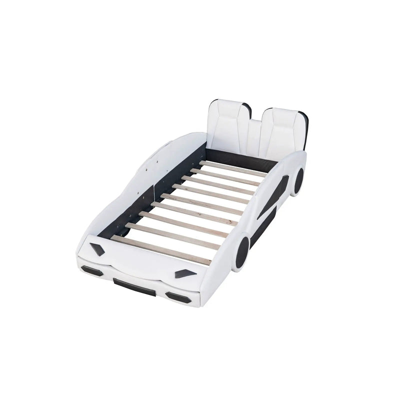 Race Car Shaped Twin Platform Bed With Wheels, Pine Wood Construction