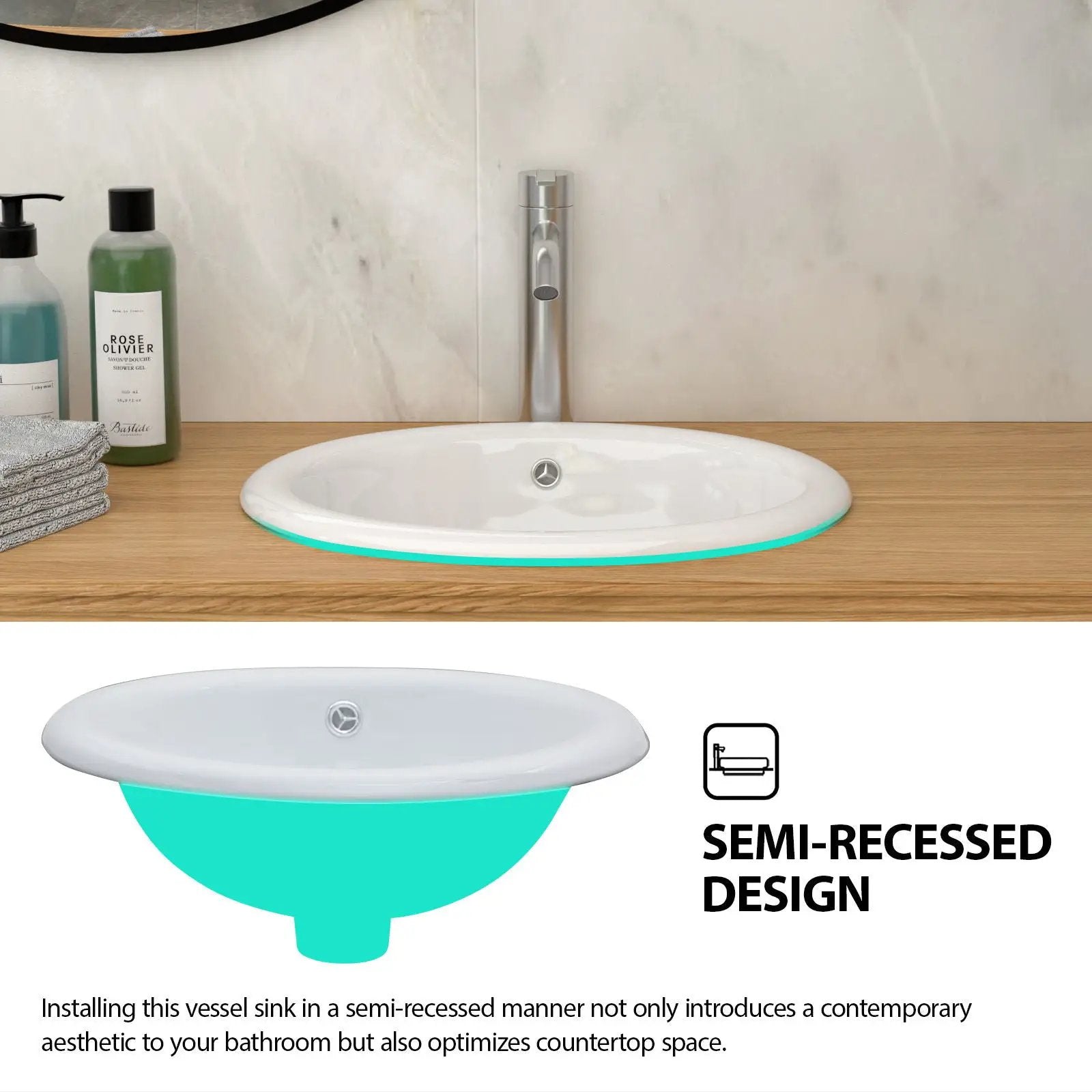 Semi Recessed Bathroom Sink With Countertop Vessel Design, 17" X 15.5" - White by HouseOfZazla
