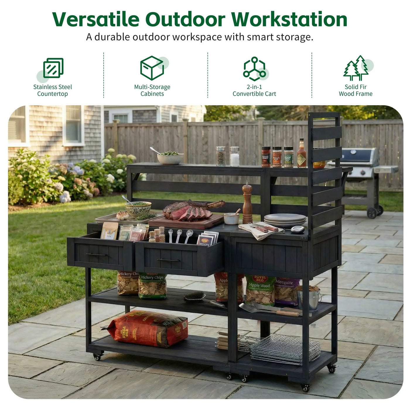 TOPMAX 62.3'' Patio Kitchen Island Solid Wood Kitchen Cart by HouseOfZazla