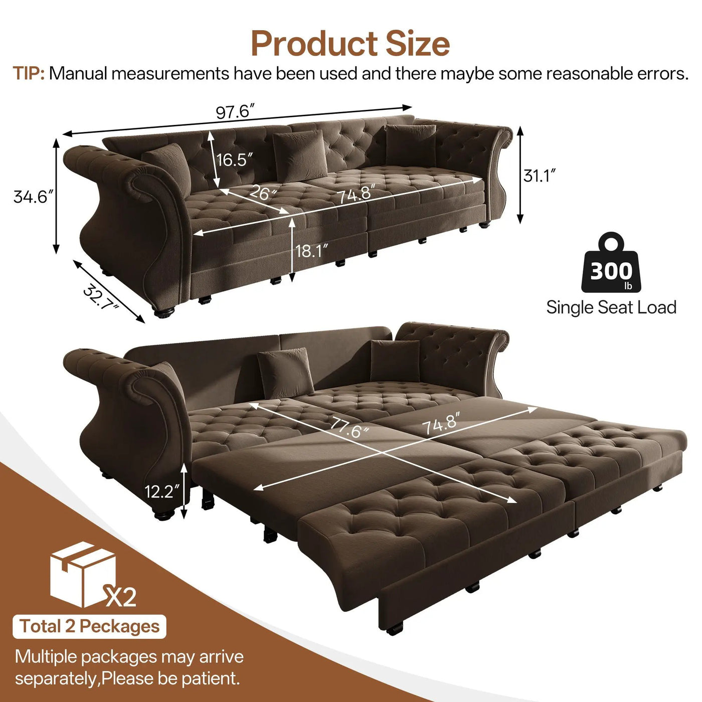 Oversized Chesterfield Pull Out Sofa Bed, Roll Arm Couch With Flower Tufting For Living Room by HouseOfZazla