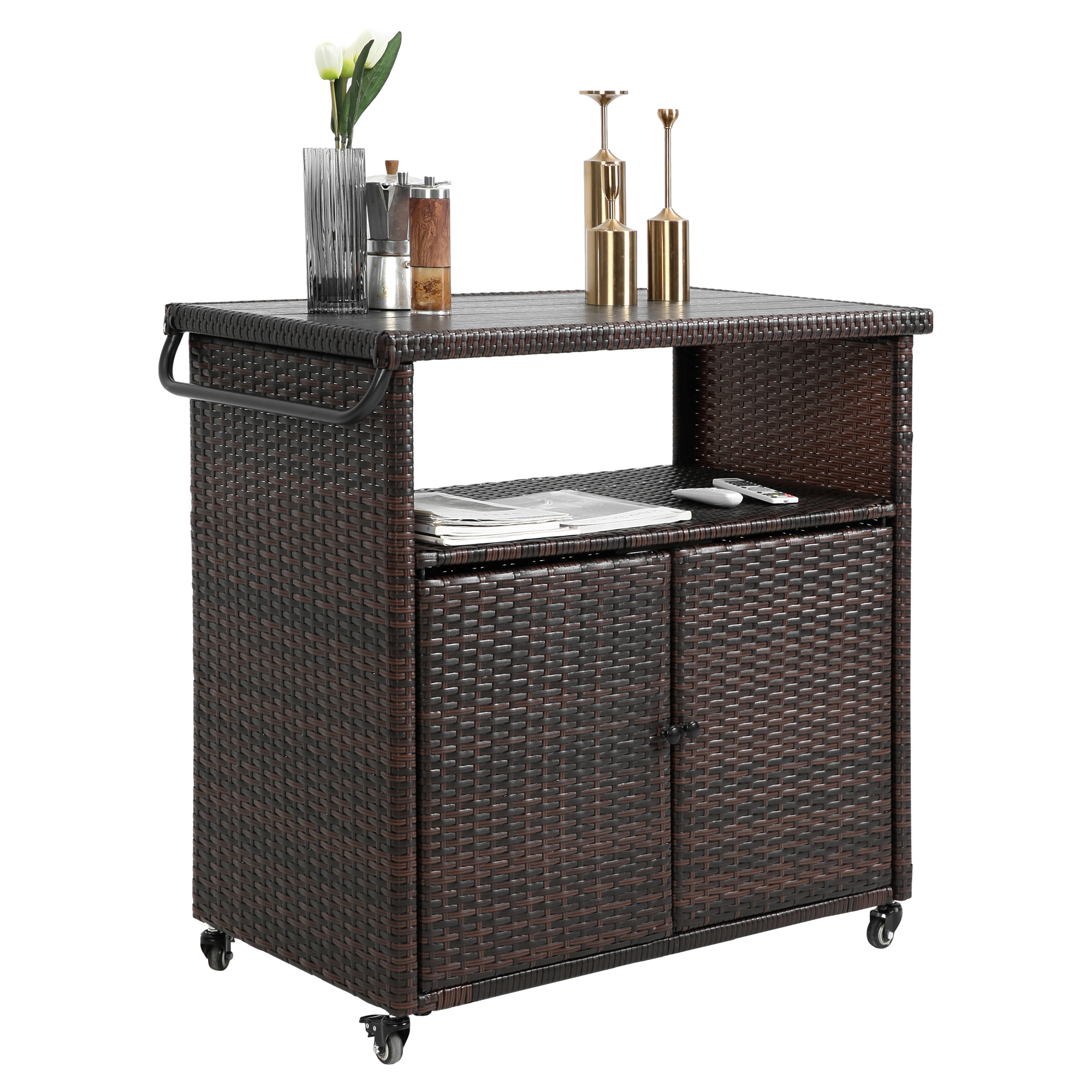 Outdoor Wicker Bar Cart with Glass Top and Wheels - Light Brown by HouseOfZazla