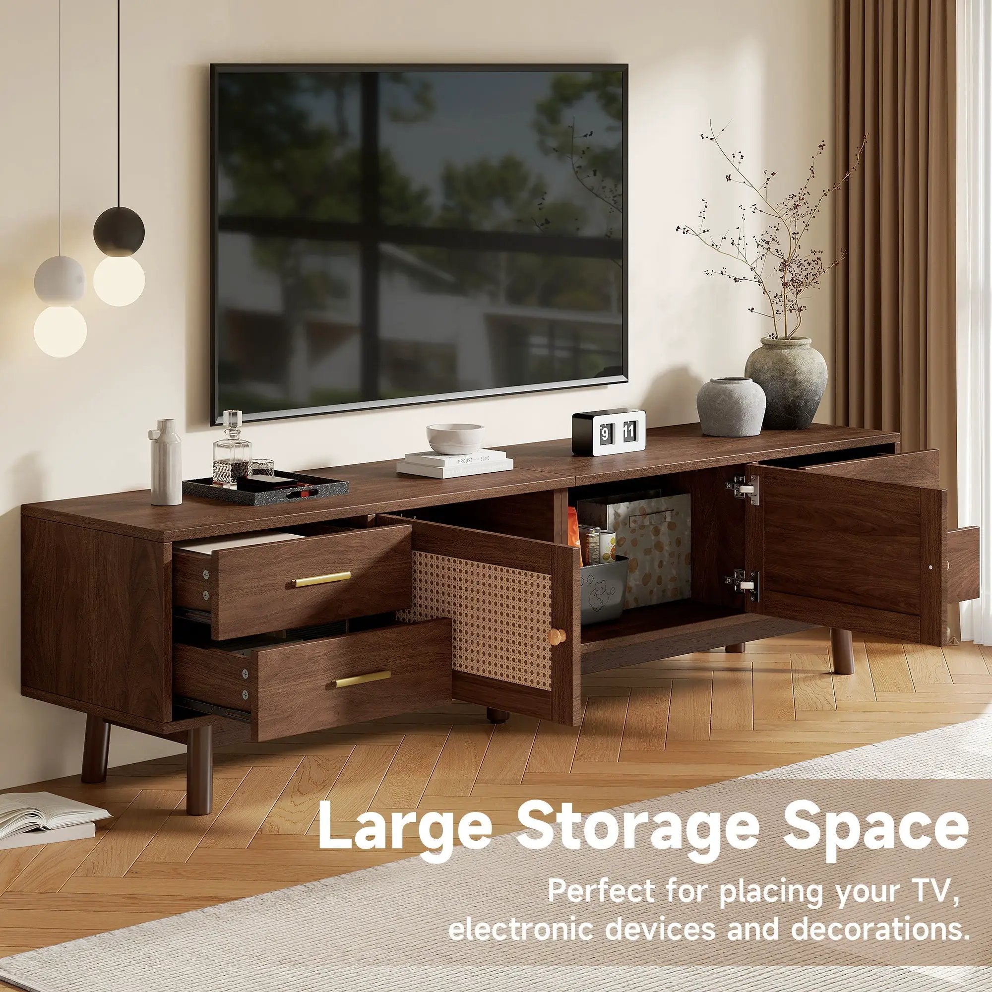 70" TV Stand With Doors For TVs Up To 80", Media Console With 4 Drawers & Cable Holes - Dark Brown by HouseOfZazla
