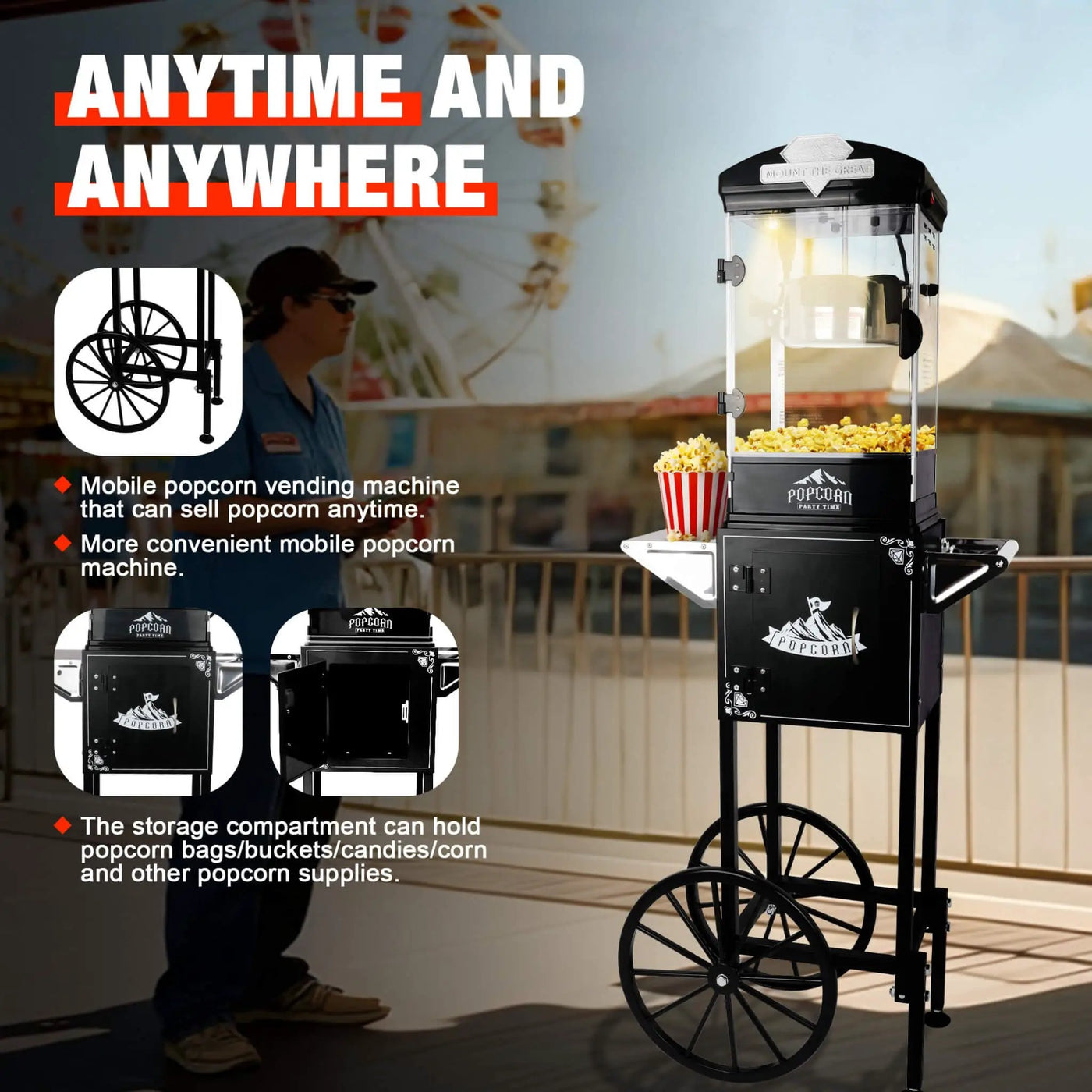 Premium 10OZ Portable Kettle Popcorn Maker Machine With Cart (SAK42196) by SAKSBY WHOLESALE