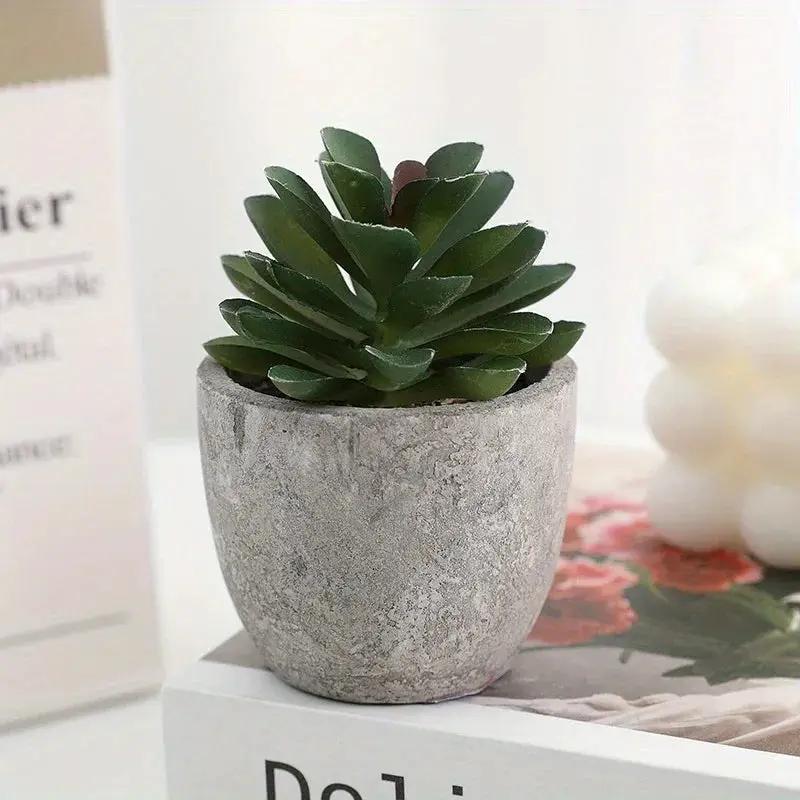 10pcs Mini Artificial Succulent Set - Modern Plastic Faux Plants in Gray Concrete Pots for Home Decor, Garden, Fish Tank, and Bonsai Decoration by House Of Avana