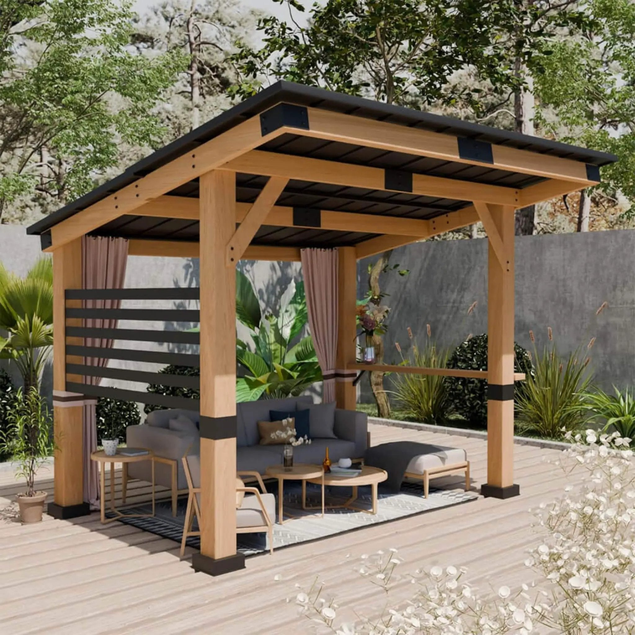 [10X12FT] Alora Heavy-Duty Premium Outdoor All-Season Wooden Cedar Hardtop Gazebo With Metal Roof & Back Curtains (SAK57184) by SAKSBY WHOLESALE