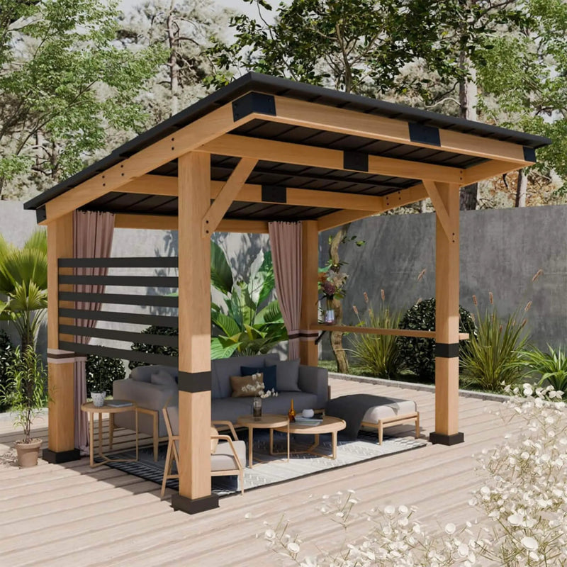 [10X12FT] Alora Heavy-Duty Premium Outdoor All-Season Wooden Cedar Hardtop Gazebo With Metal Roof & Back Curtains (SAK57184) by SAKSBY WHOLESALE