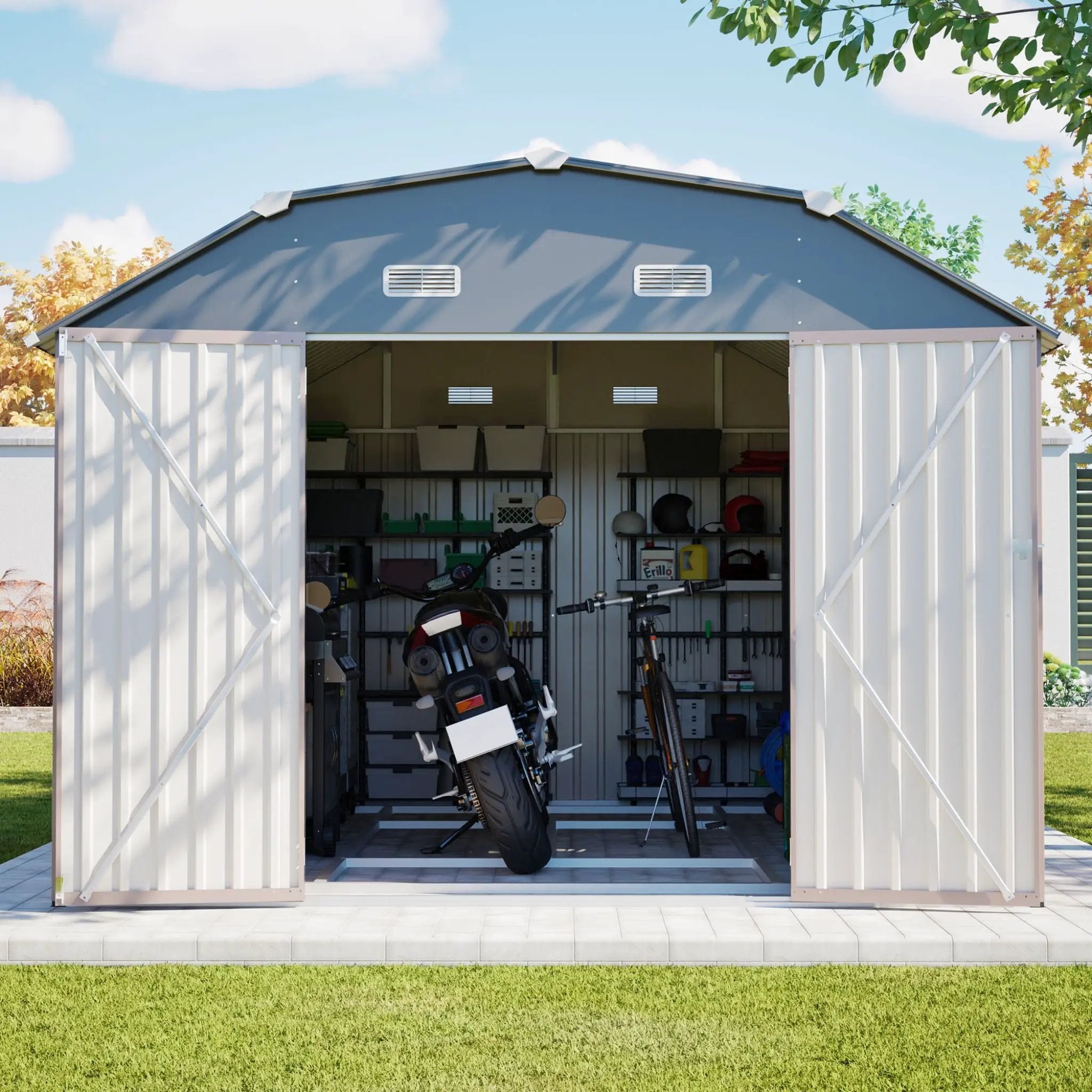 10X12FT] Alora Heavy-Duty Outdoor Metal Storage Shed With Floor (SAK9