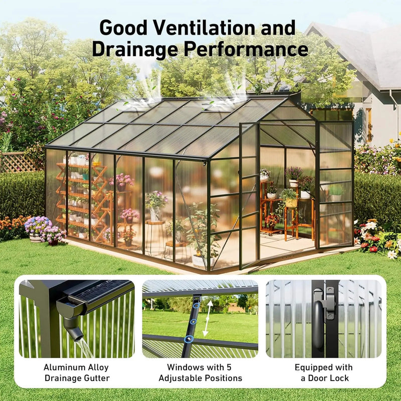 [10X12FT] Outdoor Polycarbonate Aluminum Greenhouse With UV Protection And Thermometer (SAK59183) by SAKSBY WHOLESALE