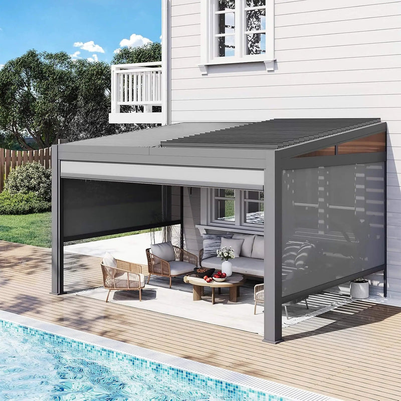 Alora Luxury Wall-Mounted Aluminum Louvered Pergola With Pull-Down Screens (SAK91537) by SAKSBY WHOLESALE