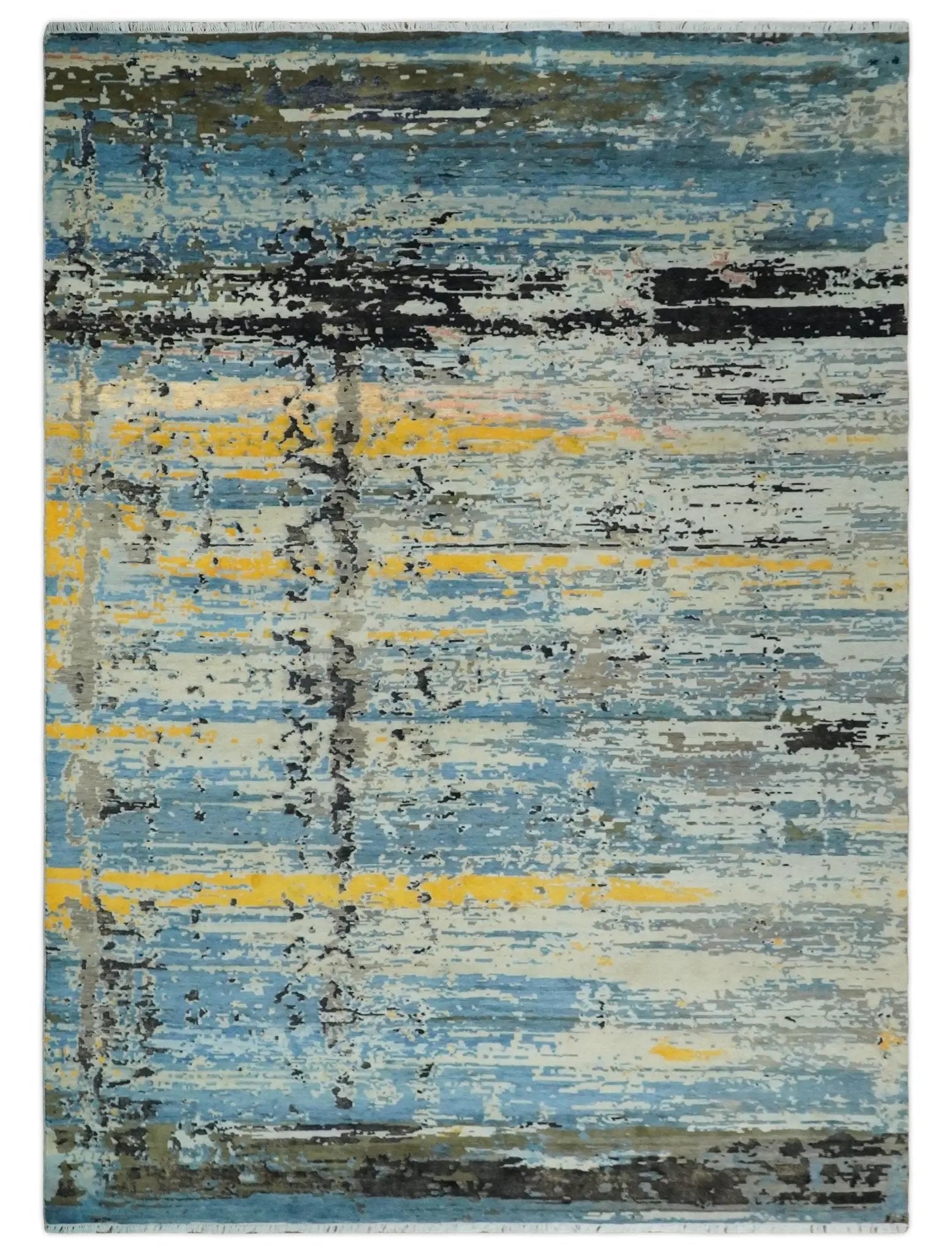 10x14 Fine Hand Knotted Blue and Black Modern Abstract Style Wool and Silk Area Rug by The Rug Decor