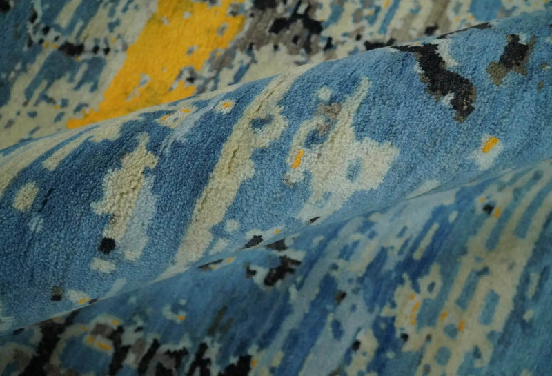 10x14 Fine Hand Knotted Blue and Black Modern Abstract Style Wool and Silk Area Rug by The Rug Decor