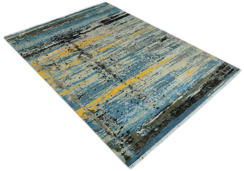 10x14 Fine Hand Knotted Blue and Black Modern Abstract Style Wool and Silk Area Rug by The Rug Decor