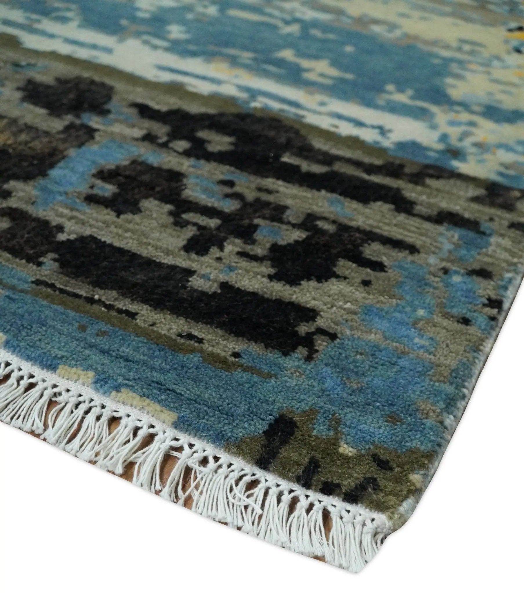 10x14 Fine Hand Knotted Blue and Black Modern Abstract Style Wool and Silk Area Rug by The Rug Decor