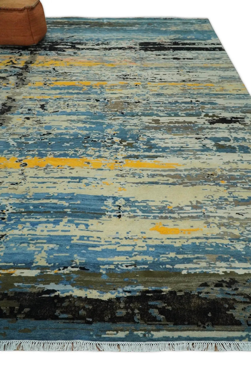10x14 Fine Hand Knotted Blue and Black Modern Abstract Style Wool and Silk Area Rug by The Rug Decor