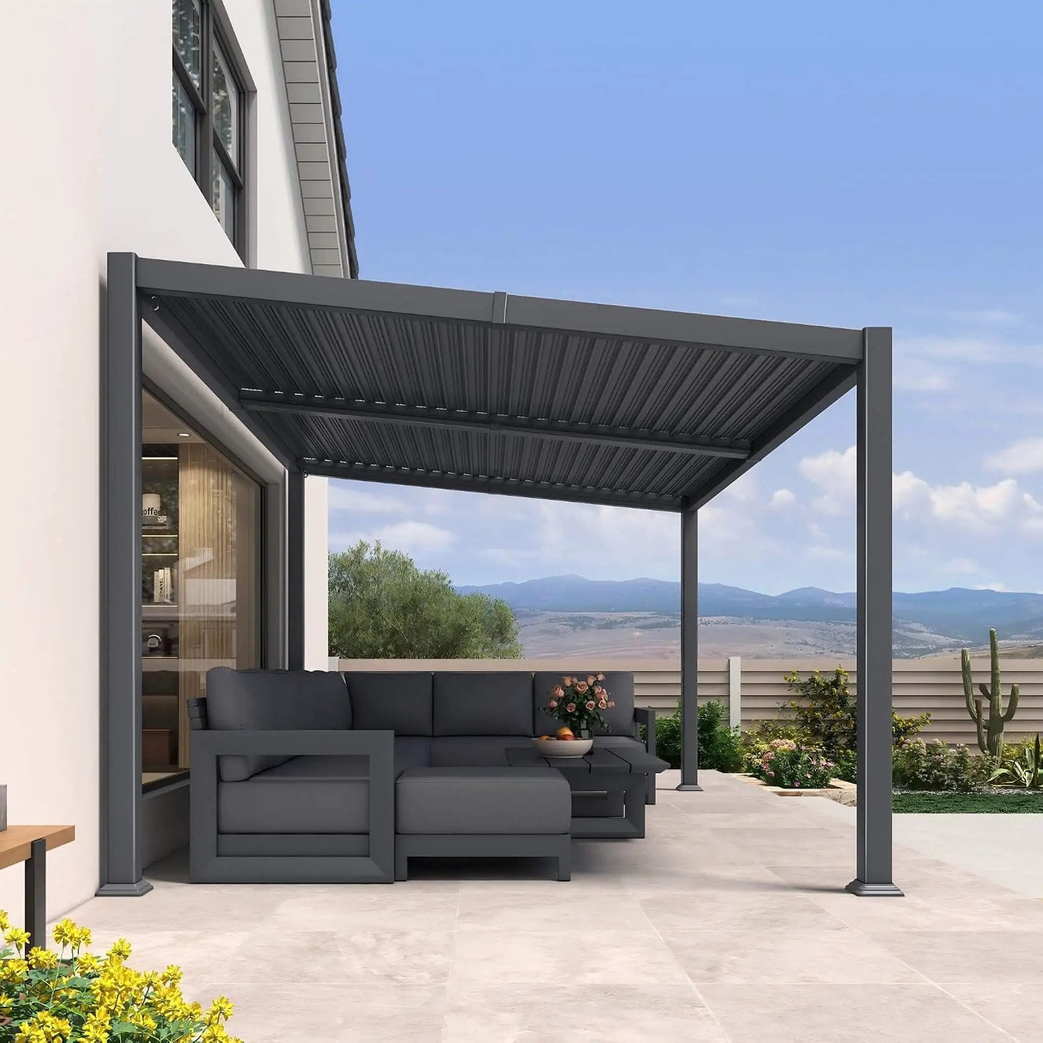 [10X14FT] Modern Louvered Aluminum Pergola With Sloped Roof (SAK44815) by SAKSBY WHOLESALE