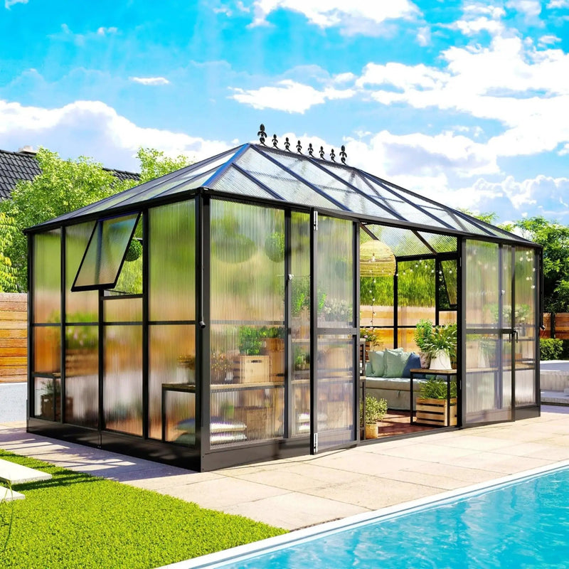 [10X14FT] Premium Outdoor Polycarbonate Greenhouse With Aluminum Frame And Double Swing Doors (SAK23168) by SAKSBY WHOLESALE
