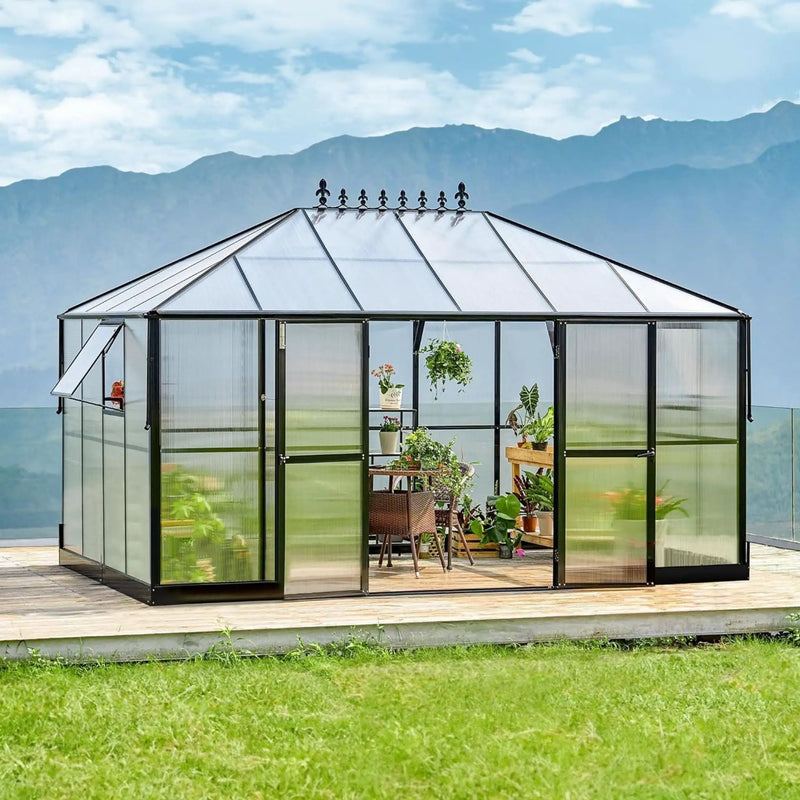 [10X14FT] Premium Outdoor Polycarbonate Greenhouse With Aluminum Frame And Double Swing Doors (SAK23168) by SAKSBY WHOLESALE