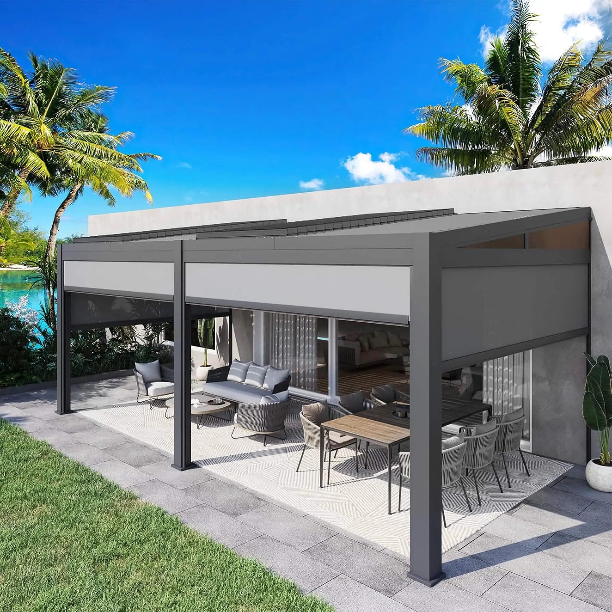 Alora Luxury Wall-Mounted Aluminum Louvered Pergola With Pull-Down Screens (SAK91537) by SAKSBY WHOLESALE