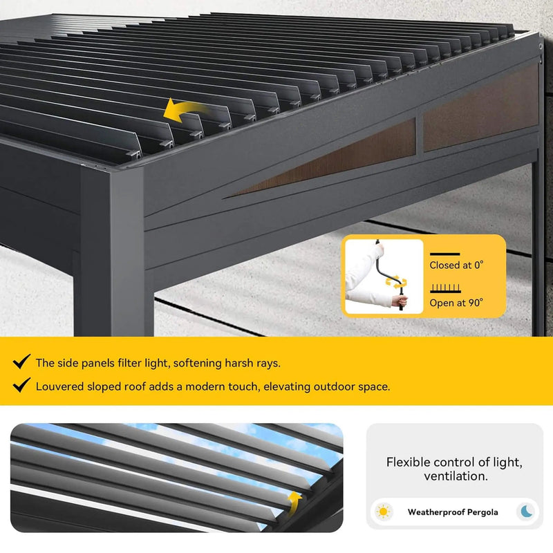 Alora Luxury Wall-Mounted Aluminum Louvered Pergola With Pull-Down Screens (SAK91537) by SAKSBY WHOLESALE