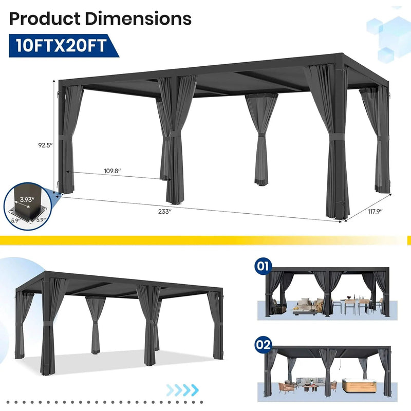[10X20FT] Alora Premium Louvered Pergola With Curtains And Netting (SAK67041) by SAKSBY WHOLESALE