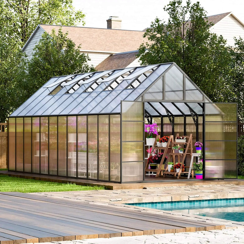 [10X24FT] Heavy-Duty Outdoor Aluminum Polycarbonate Greenhouse With Roof Vents And Swing Doors, 4MM (SAK97032) by SAKSBY WHOLESALE