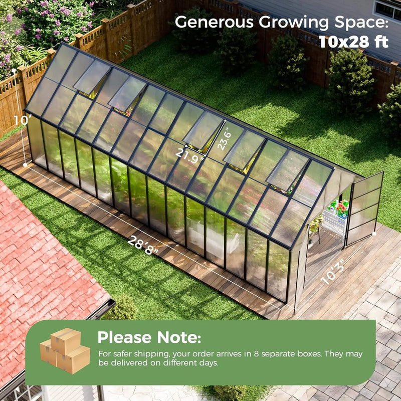 [10X28FT] Heavy-Duty Outdoor Aluminum Polycarbonate Greenhouse With Roof Vents And Swing Doors, 4MM (SAK24618) by SAKSBY WHOLESALE