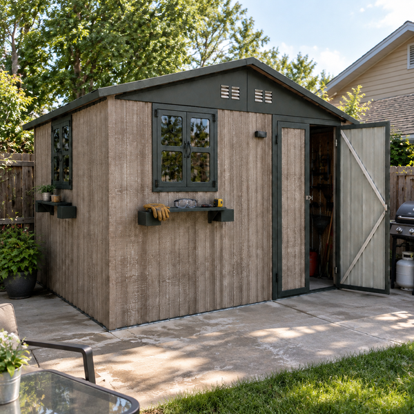 10x8 FT Outdoor Metal Storage Shed with Window & Flower Rack, Lockable Double Doors Tool Shed, Waterproof Weatherproof Garden Shed for Backyard Patio,Grey+Black.