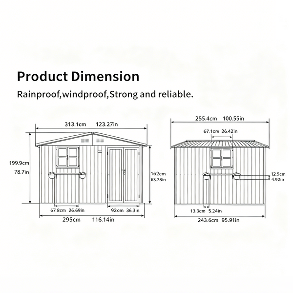 10x8 FT Outdoor Metal Storage Shed with Window & Flower Rack, Lockable Double Doors Tool Shed, Waterproof Weatherproof Garden Shed for Backyard Patio,Grey+Black., photo 2 of 9