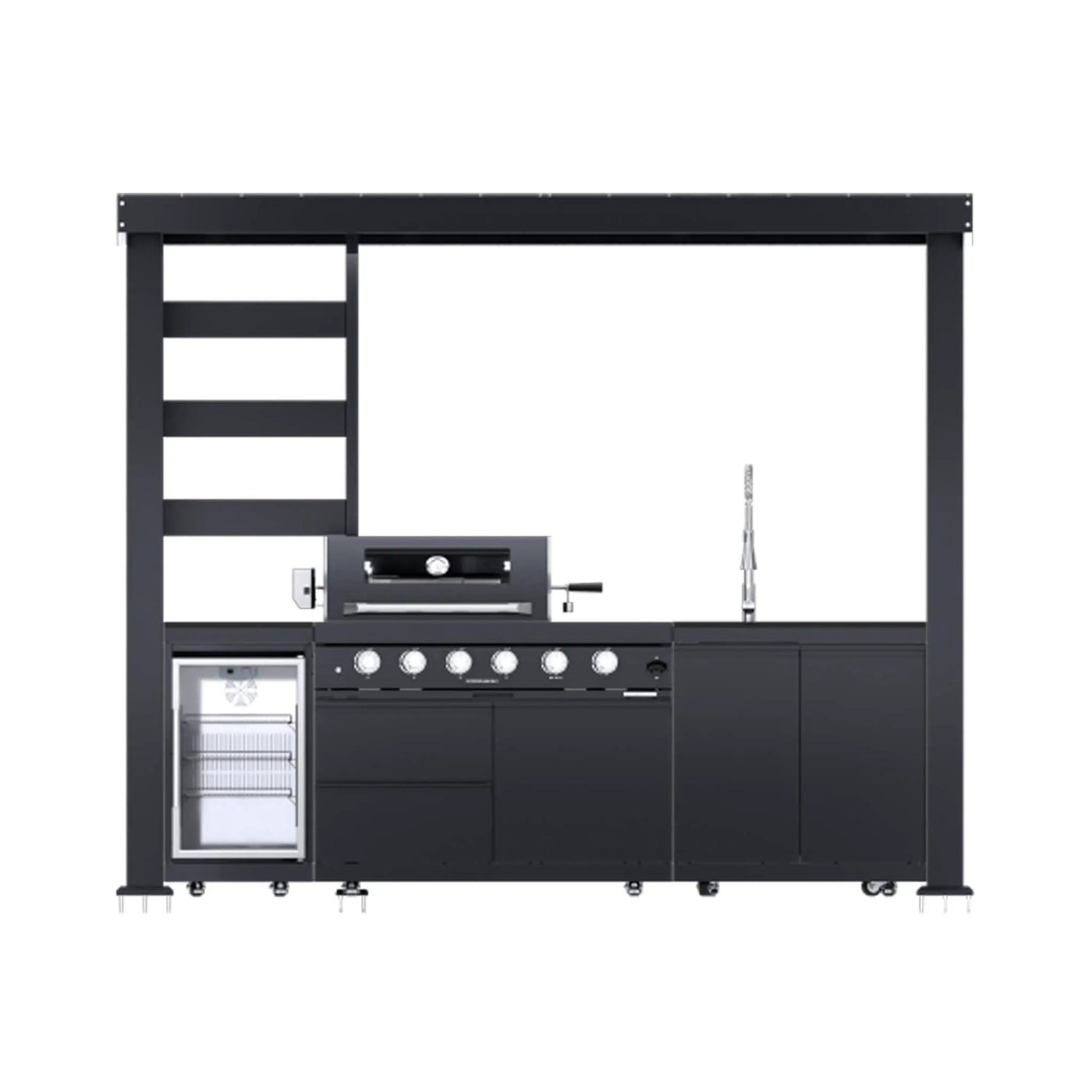 Castelle Flame Imperial 110-Inch 4-Burner 72K BTU Deluxe Stainless Steel Outdoor Kitchen Grill Island With Wine Cooler, Rotisserie, Cabinets, And Granite Countertops (SAK94721) by SAKSBY WHOLESALE