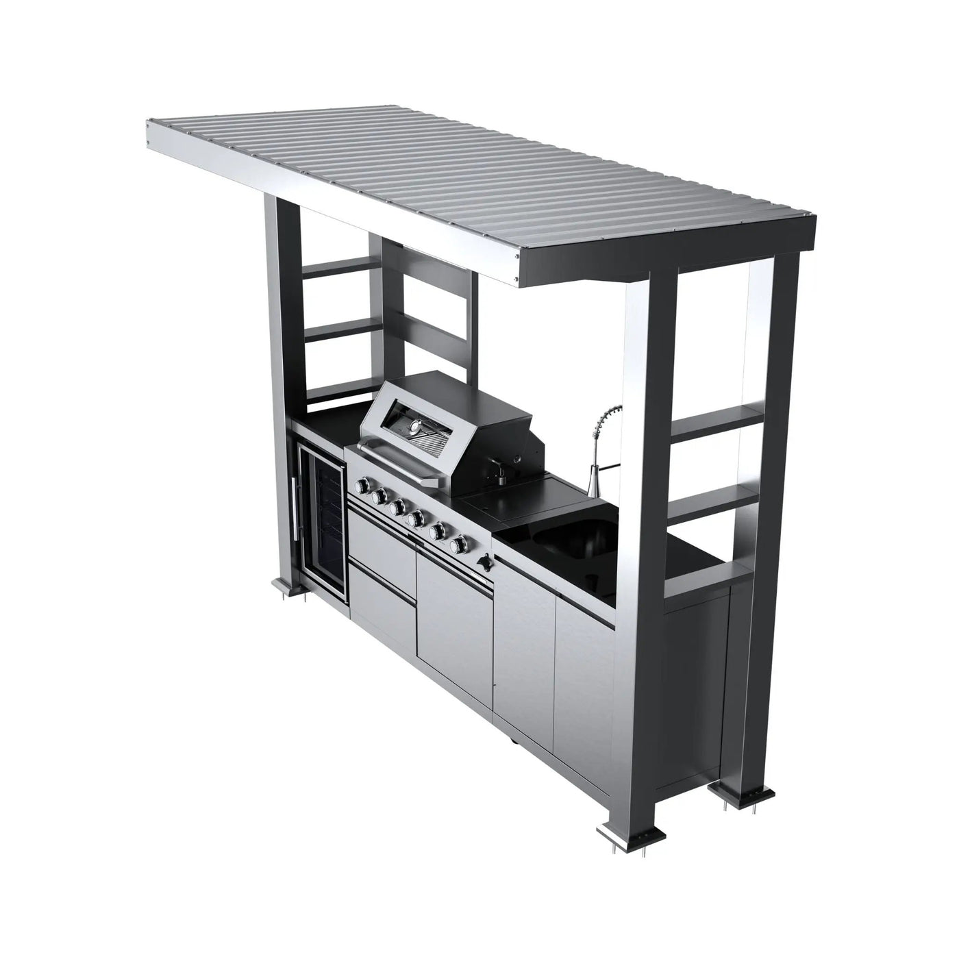 Castelle Flame Imperial 110-Inch 4-Burner 72K BTU Deluxe Stainless Steel Outdoor Kitchen Grill Island With Wine Cooler, Rotisserie, Cabinets, And Granite Countertops (SAK94721) by SAKSBY WHOLESALE