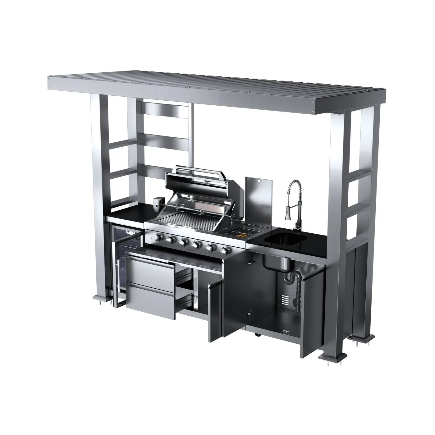 Castelle Flame Imperial 110-Inch 4-Burner 72K BTU Deluxe Stainless Steel Outdoor Kitchen Grill Island With Wine Cooler, Rotisserie, Cabinets, And Granite Countertops (SAK94721) by SAKSBY WHOLESALE
