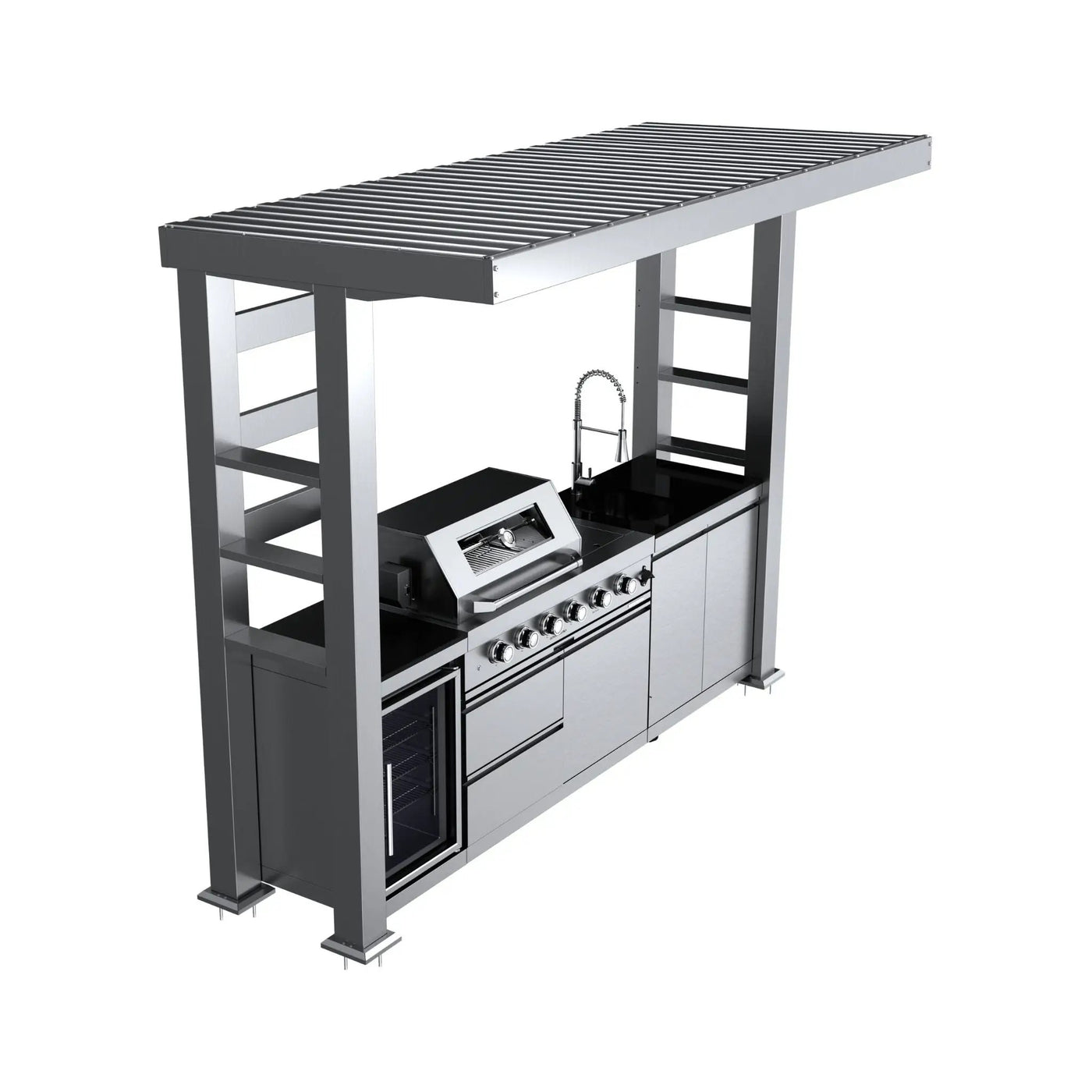 Castelle Flame Imperial 110-Inch 4-Burner 72K BTU Deluxe Stainless Steel Outdoor Kitchen Grill Island With Wine Cooler, Rotisserie, Cabinets, And Granite Countertops (SAK94721) by SAKSBY WHOLESALE