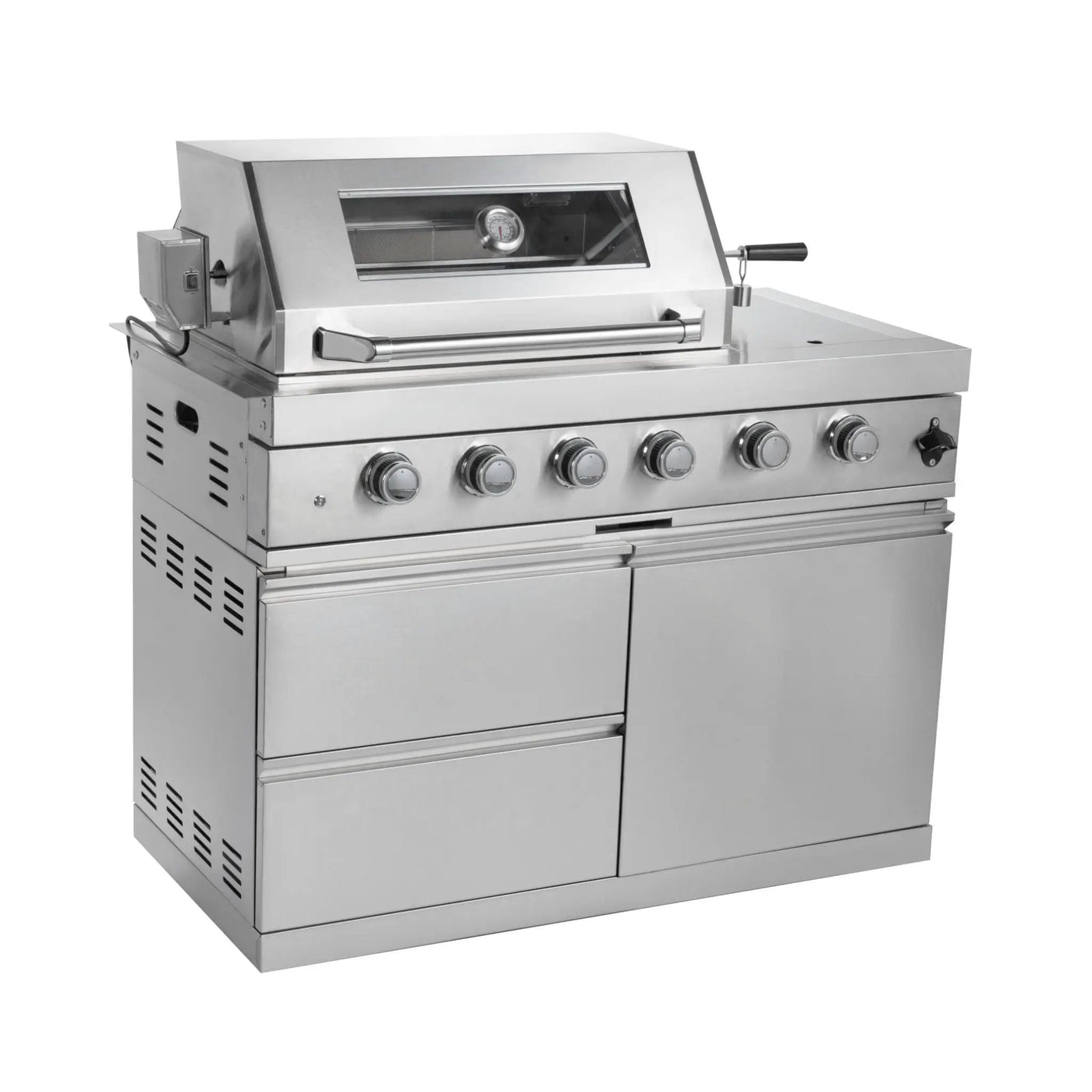 Castelle Flame Imperial 110-Inch 4-Burner 72K BTU Deluxe Stainless Steel Outdoor Kitchen Grill Island With Wine Cooler, Rotisserie, Cabinets, And Granite Countertops (SAK94721) by SAKSBY WHOLESALE