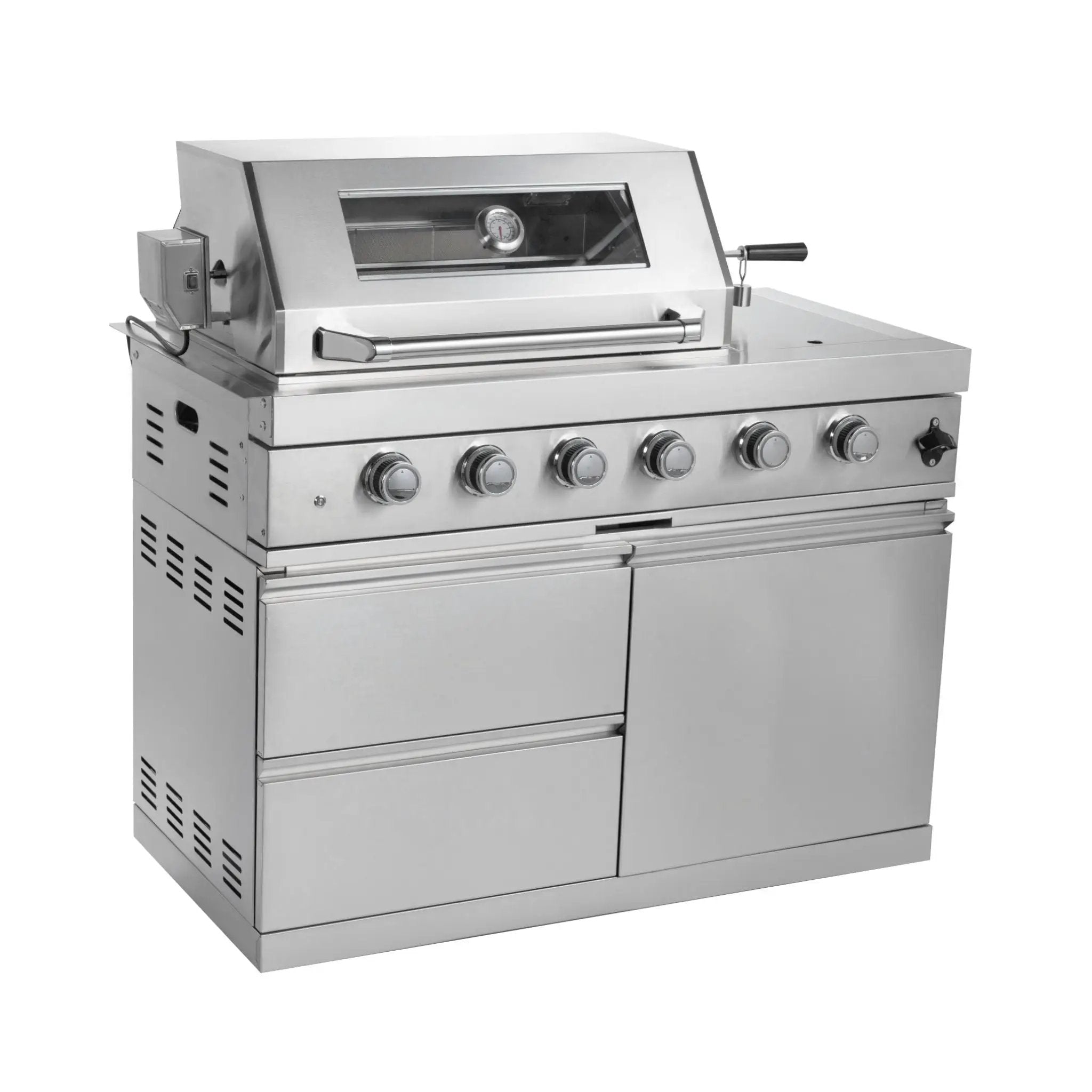 Castelle Flame Imperial 110-Inch 4-Burner 72K BTU Deluxe Stainless Steel Outdoor Kitchen Grill Island With Wine Cooler, Rotisserie, Cabinets, And Granite Countertops (SAK94721) by SAKSBY WHOLESALE