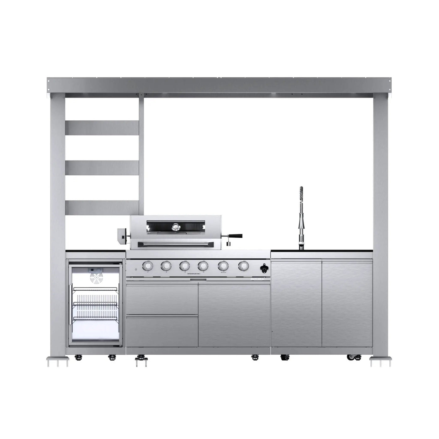 Castelle Flame Imperial 110-Inch 4-Burner 72K BTU Deluxe Stainless Steel Outdoor Kitchen Grill Island With Wine Cooler, Rotisserie, Cabinets, And Granite Countertops (SAK94721) by SAKSBY WHOLESALE