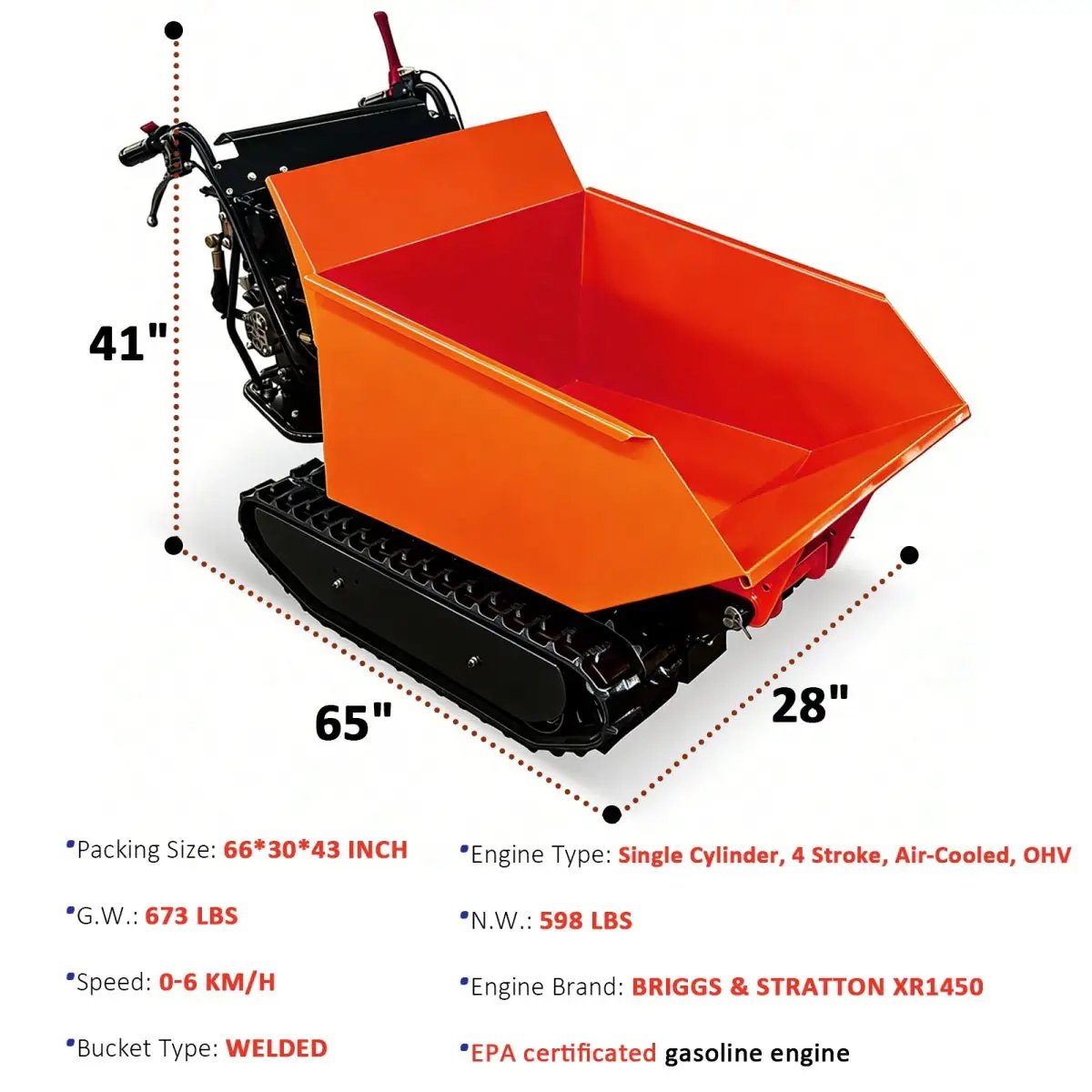 1100lbs Capacity 10HP Gas Powered Track Mini Dumper by Chery Industrial