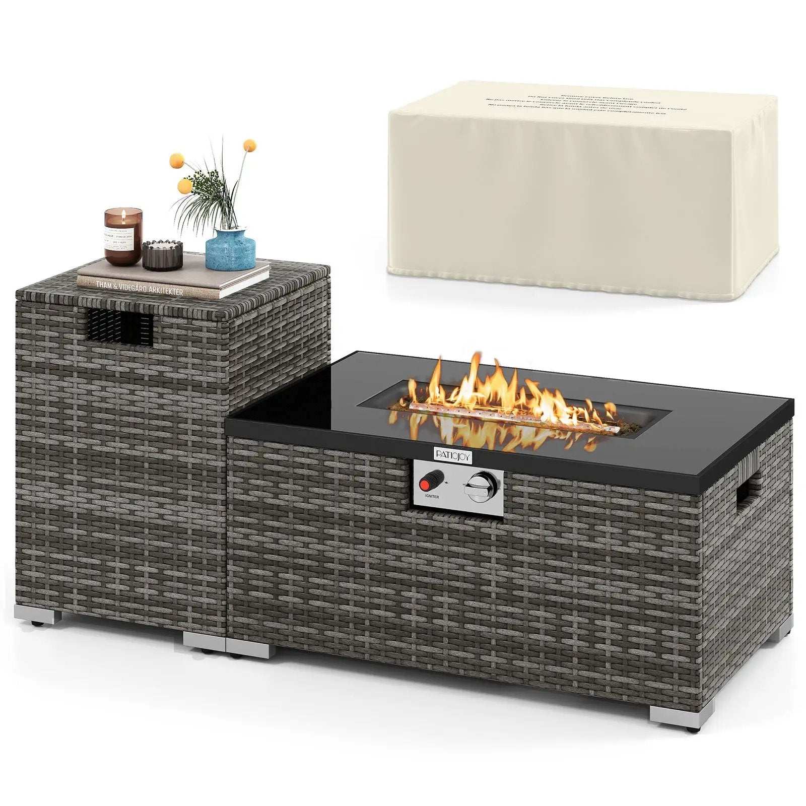 2-Piece Outdoor Rattan Fire Table Set 32 Inch Rectangle Gas Firepit with Tank Cover by DirectDeals