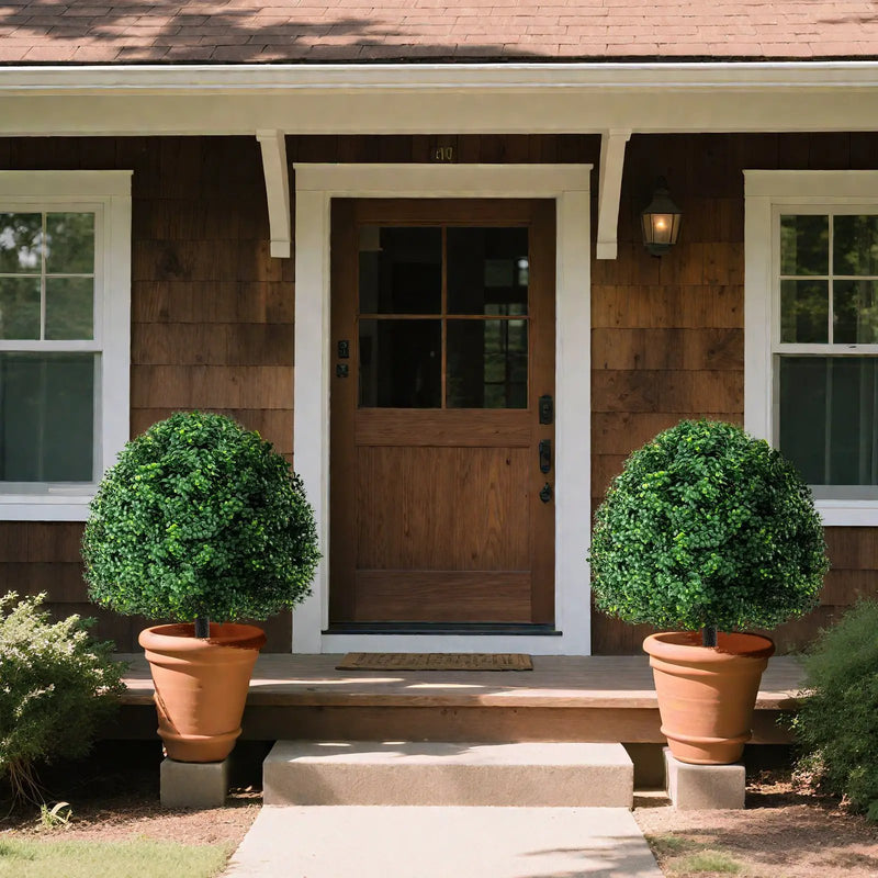 28 Inches Artificial Boxwood Topiary Ball Tree Set of 2 with Ground Spike-Green by DirectDeals